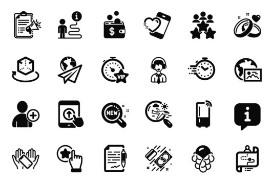 Vector Set of Business icons related to Payment, Swipe up and New products icons. Refrigerator, Add user and Web photo signs. Marriage rings, Paper plane and Agreement document. Vip timer. Vector