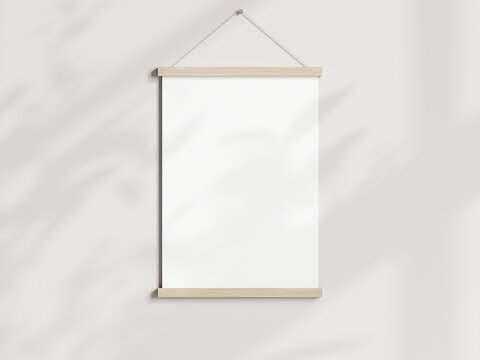 Poster hanger mockup, wooden hanging poster frame, magnetic poster bar mockup, vertical wood poster hanger mockup, 3d render