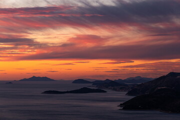 Sunset view from Croatians montains, to Dalmatian coast of the Adriatic Sea.
