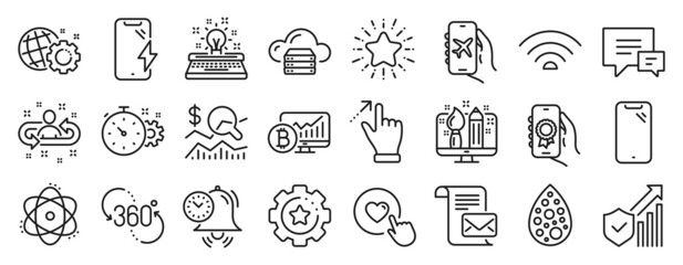 Fototapeta na wymiar Set of Technology icons, such as Like button, Settings gear, Comment icons. Wifi, Award app, Check investment signs. Recruitment, Touchscreen gesture, Atom. Smartphone charging, Seo gear. Vector