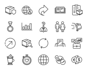 Vector set of Medal, Report diagram and Direction line icons set. Restroom, Education and Globe icons. Heartbeat timer, Full rotation and Receive file signs. Medal web symbol. Vector