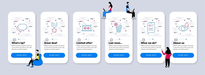 Business icons set. UI phone app screens with teamwork. Included icon as Winner medal, Report document, Talk bubble signs. Ice maker, Music making, Eye drops line icons. Vector