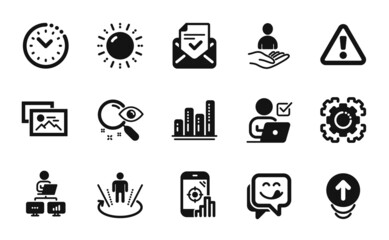 Vector set of Approved mail, Graph chart and Photo album icons simple set. Yummy smile, Warning and Augmented reality icons. Seo phone, Swipe up and Recruitment signs. Vector