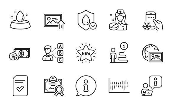 Business icons set. Included icon as Water bowl, Upload photo, Waterproof signs. Certificate, Checked file, Refrigerator app symbols. Web photo, Opinion, Nurse. Column diagram, New star. Vector