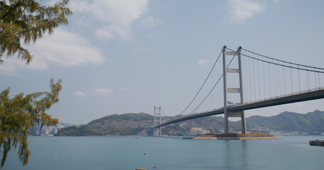 Tsing Ma Suspension bridge in Hong Kong city