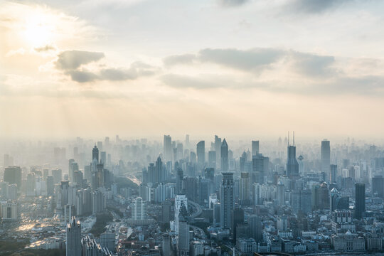 Aerial view of the Shanghai skyline at sunrise, China