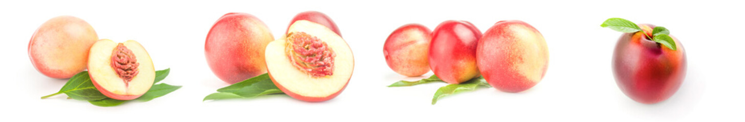 Collage of isolated peaches isolated on a white background with clipping path