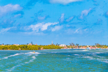 Panorama landscape view on beautiful Holbox island turquoise water Mexico.