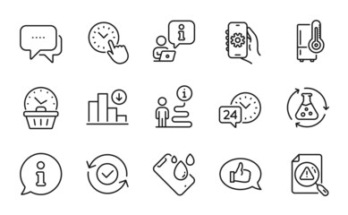 Technology icons set. Included icon as Security confirmed, Decreasing graph, Refrigerator signs. Message, 24h service, Time management symbols. Smartphone waterproof, Feedback, Last minute. Vector