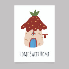 Fototapeta premium Gnome house in forest with a roof in the shape of a strawberry. Printable poster with phrase: home sweet home. Fairy tale illustration in cartoon style