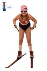 A child in a swimsuit goes skiing, isolate. Finnish swimmers have been practicing skiing since...