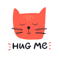 Vector illustration. Cute icon of red cat's head. Lettering 