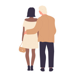 Dark skin girl and man back lovely couple. Beautiful and romantic feelings in relationship cartoon vector illustration