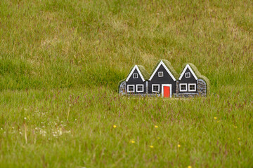 Tiny black wooden houses with red door, Iceland
