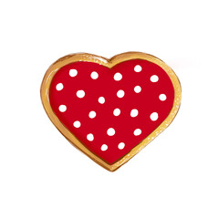 Christmas dessert. Red heart ginger cookie, isolated on white background