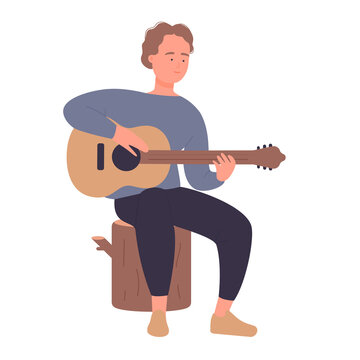 Sitting smiling boy on trunk and playing guitar. Summer camping recreational activity cartoon vector illustration
