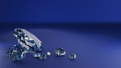 Group of Clear Diamonds on a light blue metal background. 3d rendering