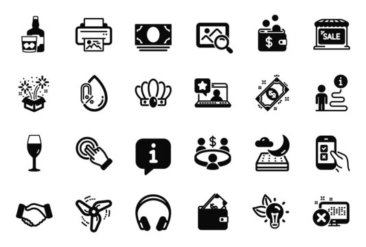 Vector Set of Business icons related to Mobile survey, Eco energy and Online rating icons. Wind energy, Cash money and Meeting signs. Wallet, Fireworks and Wineglass. Whiskey glass, Crown. Vector