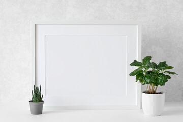 Frame mockup with white wooden frame on a white table, houseplants. Show text or product.