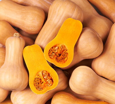 Raw fresh butternut squash ready texture background, top view.