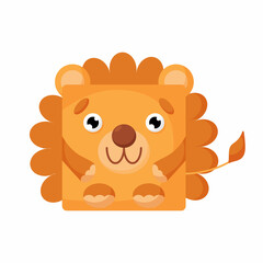 Obraz na płótnie Canvas Cute cartoon square animal lion face, vector zoo sticker isolated on white background.