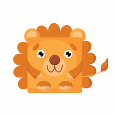 Cute cartoon square animal lion face, vector zoo sticker isolated on white background.