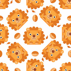 Squares lion Seamless pattern. Vector Background with the faces of lion. Template for the packaging, baby textile