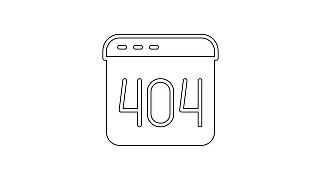 Black line Page with a 404 error icon isolated on white background. Template reports that the page is not found. 4K Video motion graphic animation