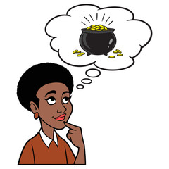 Black Woman thinking about a Pot of Gold - A cartoon illustration of a Black Woman thinking about a Pot of Gold.