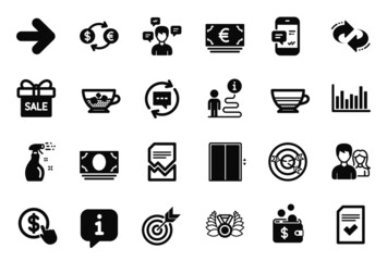 Vector Set of simple icons related to Targeting, Checked file and Target icons. Laureate medal, Next and Mocha signs. Sale offer, Teamwork and Lift. Refresh, Bar diagram and Update comments. Vector