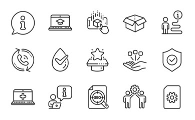 Technology icons set. Included icon as Augmented reality, Dermatologically tested, Open box signs. File management, Medical help, Security shield symbols. Call center, Website education. Vector