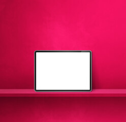 Digital tablet pc on pink wall shelf. Square background banner