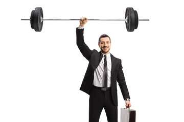 Young businessman lifting weights with one hand