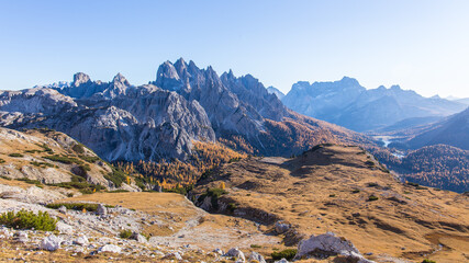 Panorama view from the Tre Cime di Lavadero to the nieghbouring mountains in the south and Lago Misurina	