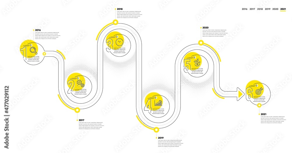 Poster business infographic timeline with 6 steps. journey path workflow infographics. workflow process dia