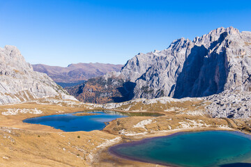Idyllic mountain lakes at the Rifugio Auronzo near the Tre Cime di Lavadero in the italian Dolomites	