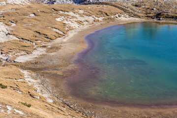 Idyllic mountain lakes at the Rifugio Auronzo near the Tre Cime di Lavadero in the italian Dolomites