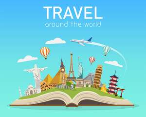 Open book with landmarks. travel around the world. Road trip. Tourism and vacation. journey in holiday. isolated on blue background. vector illustration in flat style modern design. © Yellow duck