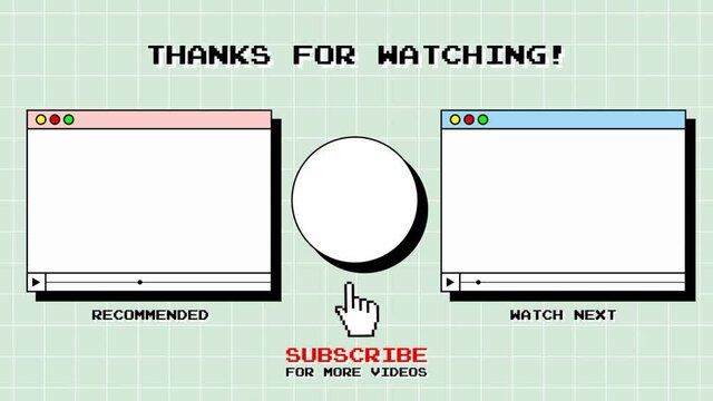 Animated end screen in old computer aesthetic style with fade green background and pastel colors element. Suitable for computer, games, technology Etc. video content.