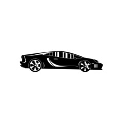 simple floating sports car icon viewed from the side colored in flat black with detailed rims and drop shadow