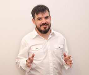 Smiling bearded man gesturing