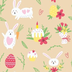Vector Easter pattern with rabbits, eggs and cakes. Vector illustration.