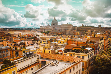 Panoramic view of Vatican Saint Peter Basilica, Rome, Italy. Beautiful italian cityscape with...