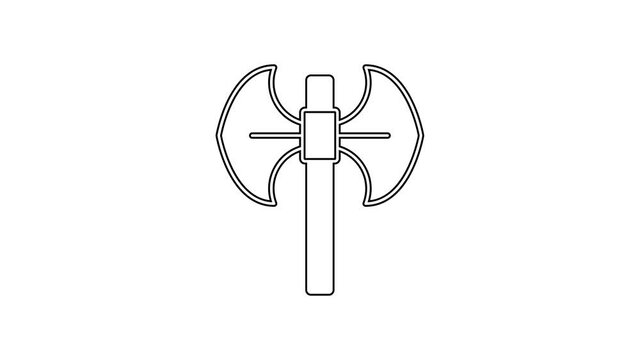 Black line Medieval poleaxe icon isolated on white background. 4K Video motion graphic animation