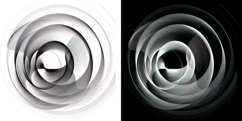 Monochrome black and white transparent striped planes wavy and curling in a spiral intersect on white and black backgrounds. Graphic design elements set. Icon, logo. 3d illustration. 3d rendering.