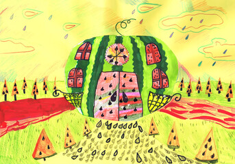 Fabulous watermelon house. Children's drawing