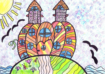 Fabulous pumpkin house on an island. Children's drawing