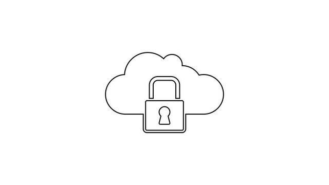 Black line Cloud computing lock icon isolated on white background. Security, safety, protection concept. Protection of personal data. 4K Video motion graphic animation