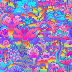 Fototapeta na wymiar Floral colorful seamless pattern, retro 60s, 70s hippie style background. Vintage psychedelic textile, fabric, wrapping, wallpaper. Vector repeating illustration.
