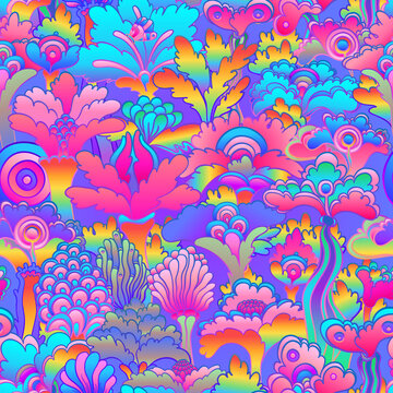 Floral colorful seamless pattern, retro 60s, 70s hippie style background. Vintage psychedelic textile, fabric, wrapping, wallpaper. Vector repeating illustration.
